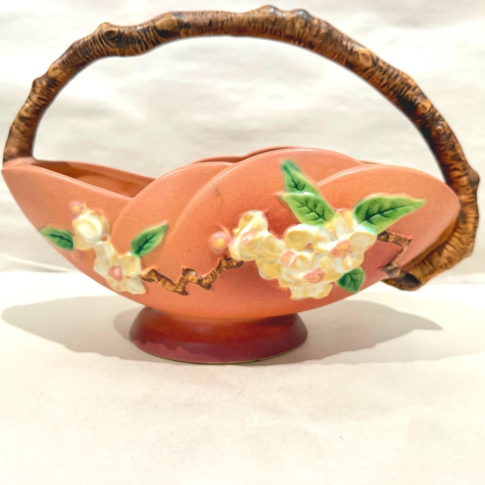 Roseville Pottery Apple Blossom Coral Pink Basket Planter 310-10 Vintage 1940s